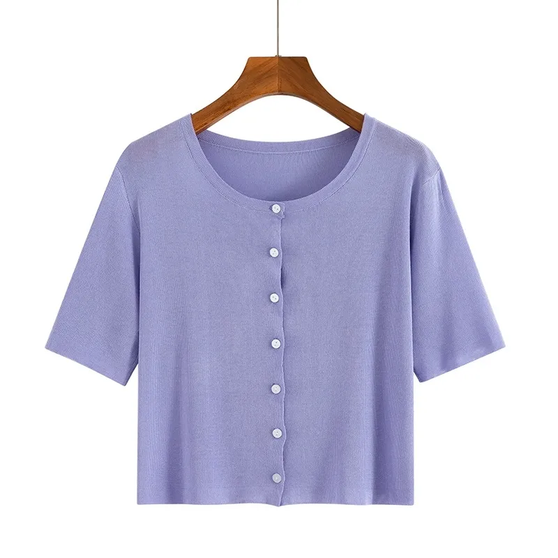 Sommer Seide Kurzarm Button kurze T-shirt Tops weibliche lila kurze schlanke wilde koreanische Top Basis T Shirt Frauen 210420