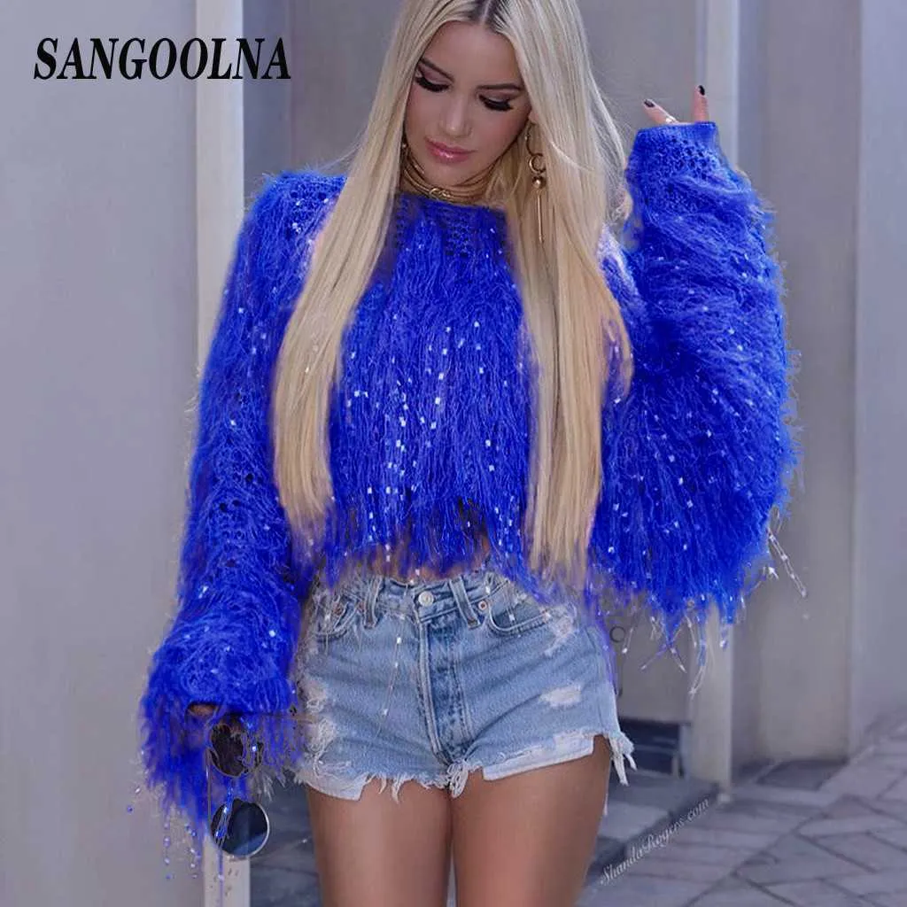 Neon Fringe Female Crop Oversized Sweater Knitted Pullover Lady Fashion Clothes Women Winter Tops Tassel Jumper Sexy Streetwear X0721
