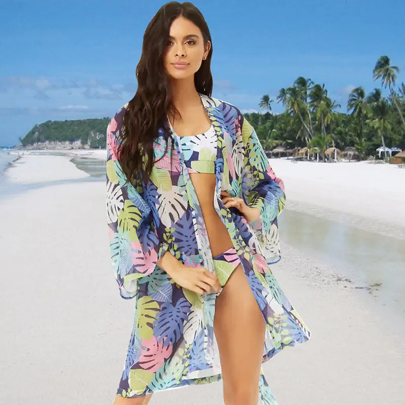 Drukuj Szyfonowa plaża Cover Up Tuniki na Długie Kaftan Bikini Robe De Plage Sarong Swimsuit Cover # Q857 210420