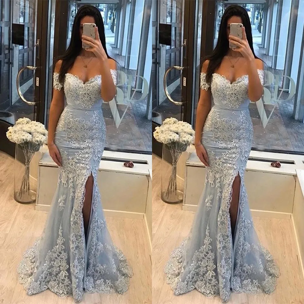 2021 Sexy blaue Meerjungfrau-Abschlussballkleider aus der Schulter, Spitzenapplikationen, Kristallperlen, High-Side-Split-Tüll-Partykleid, lange Abendkleider