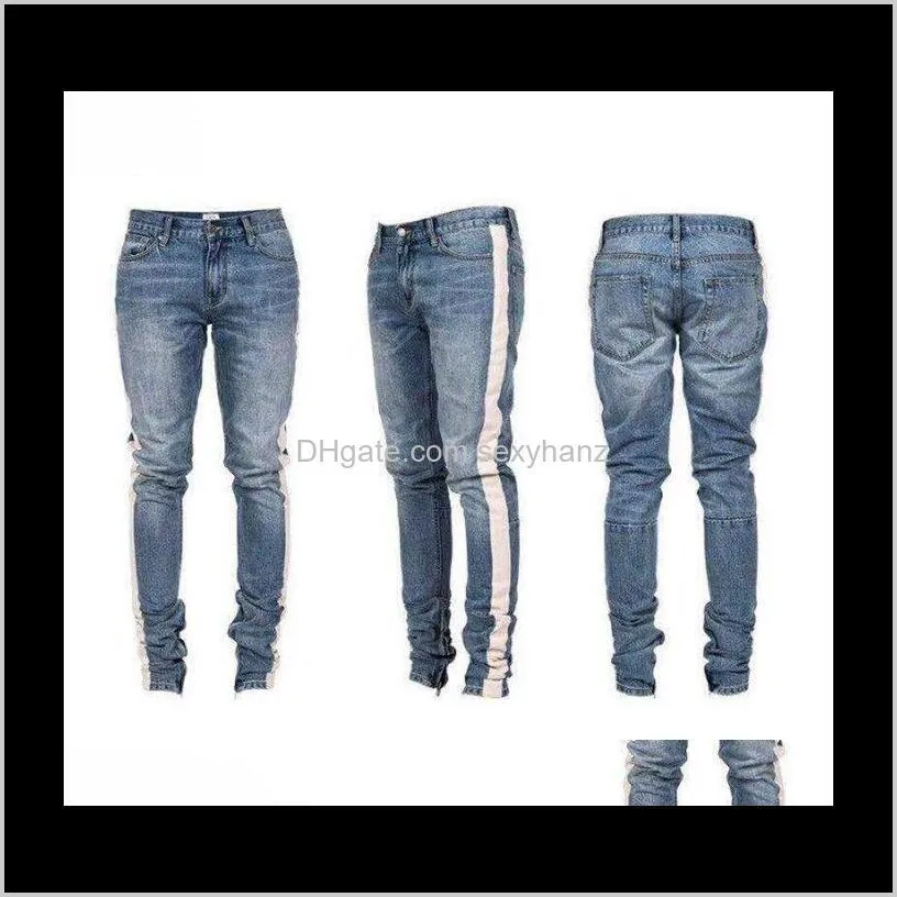 new mens hip hop ripped jeans 2018 destroyed hole skinny biker jeans white stripe stitching zipper decorated black light blue denim