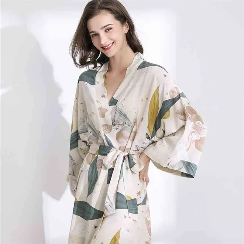 JULY'S SONG Sleepwear Robe Spring Viscose Women Nightgown Flower Printed Long-Sleeve Pajamas Bathrobe for Female 210831