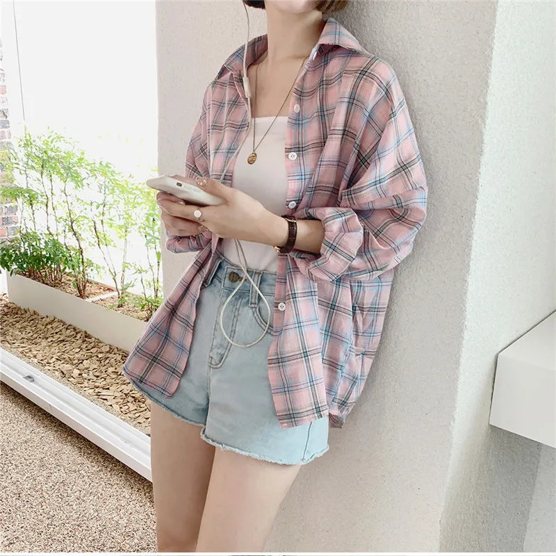 Pink plaid Shirt Oversize female Tops Long sleeve Linen Cotton Girls Blouse Autumn Plus Size Women Blouses femme 210417