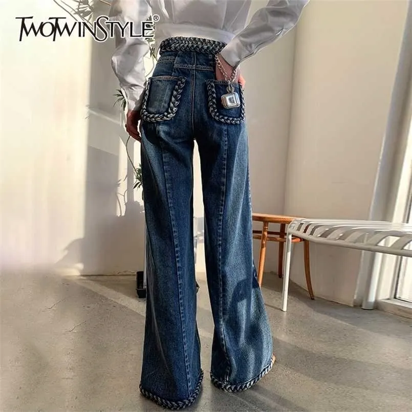 TWOTWINSTYLE Casual Blue Denim Trousers For Women High Waist Loose Straight  Full Length Jeans Female Summer Fashion Clothes 211206