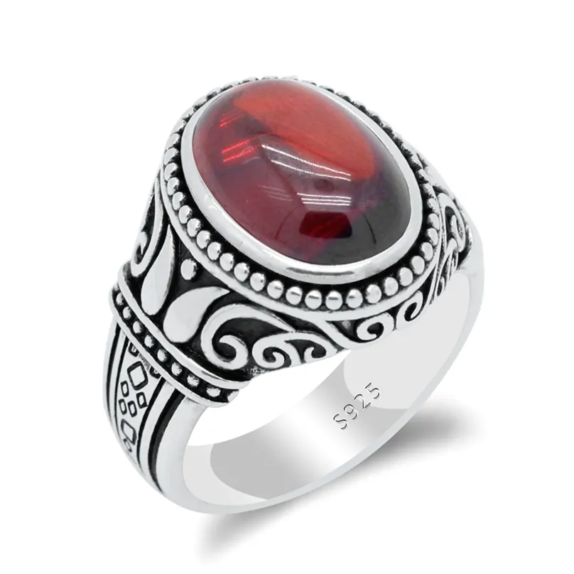 925 Sterling Silver Natural Garnet Ring for Men with Red Stone Finger Vintage Carved Design Jewelry Male Women Gift 211217