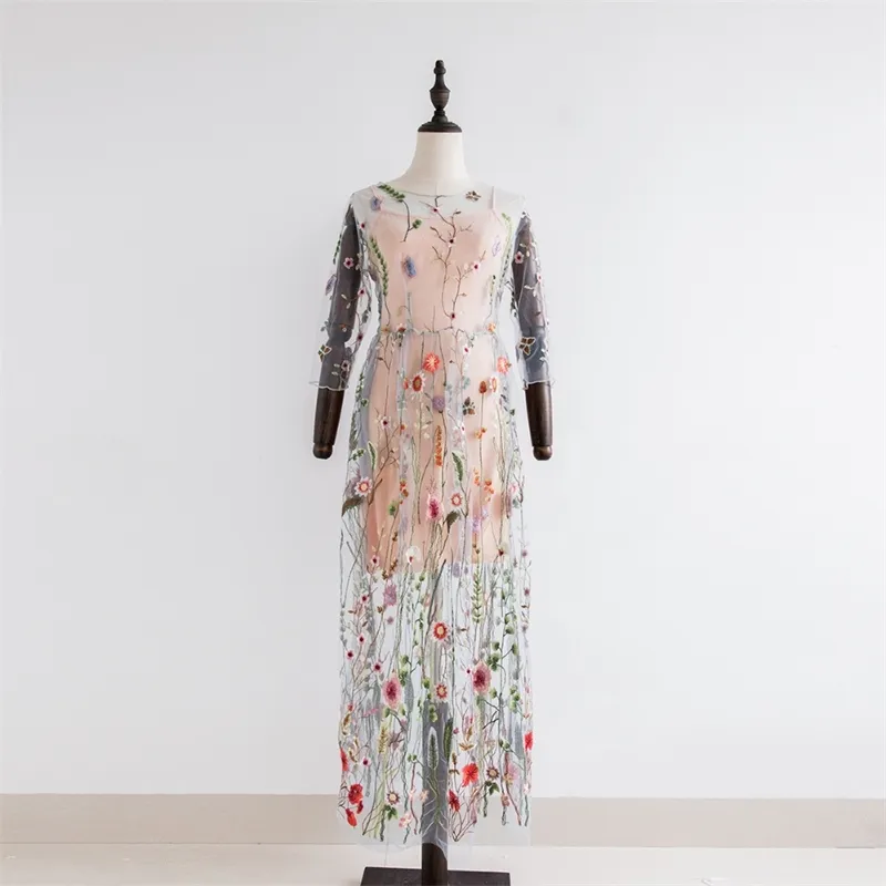 Bohemian Embroidered Maxi Dress Vintage Floral Boho Party