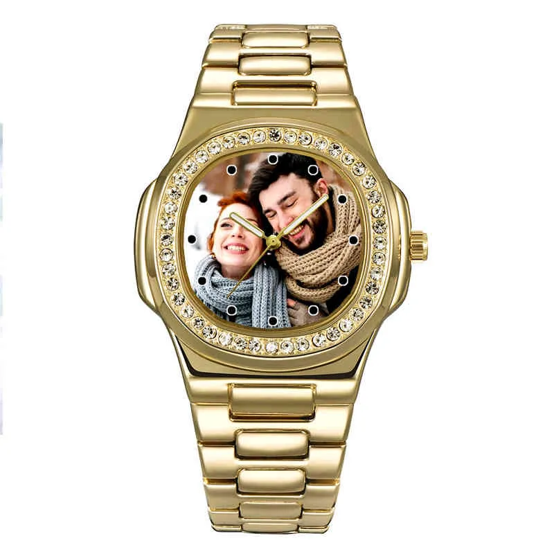 남자 황금 컬러 모조 다이아몬드 사용자 정의 얼굴 PO 디자인 그림 시계 개인화 된 시계 DIY 선물 남성을위한