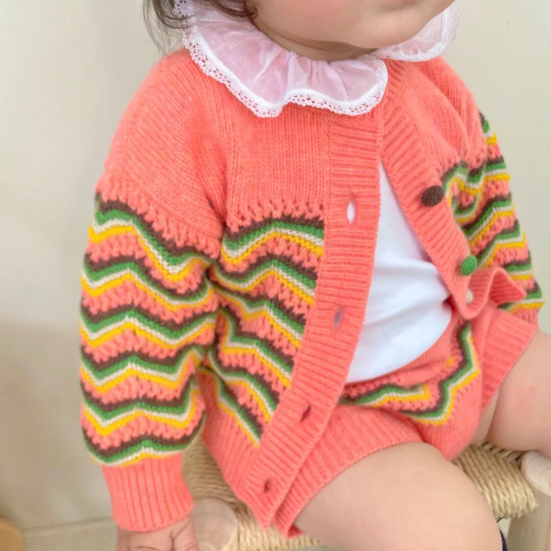 Ropa infantil para niña, mameluco tejido, conjunto de suéter de primavera y otoño, ropa de moda para niñas, cárdigan de punto de manga larga + conjuntos cortos