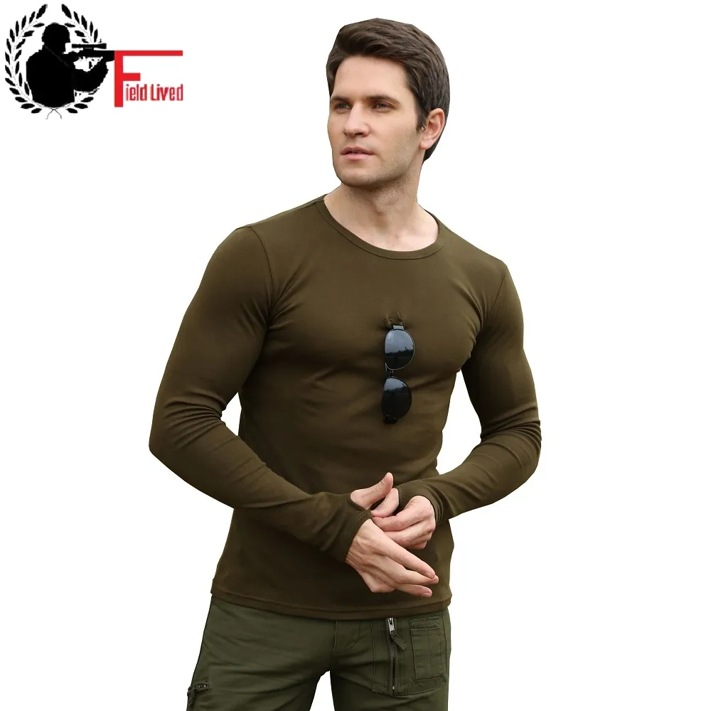 T-shirt da uomo di alta qualità elastica in cotone spandex manica lunga T-shirt slim fit uomo stile militare abbigliamento moda tee top uomo 210518