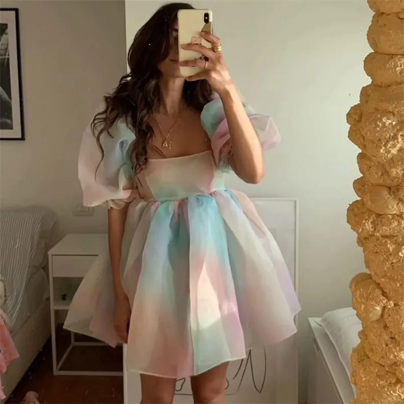 TIE-DYED RAINBOW Organza Dress A-Line Puff Sleeve Cute Summer For Women Skater Short Party Holiday 210427