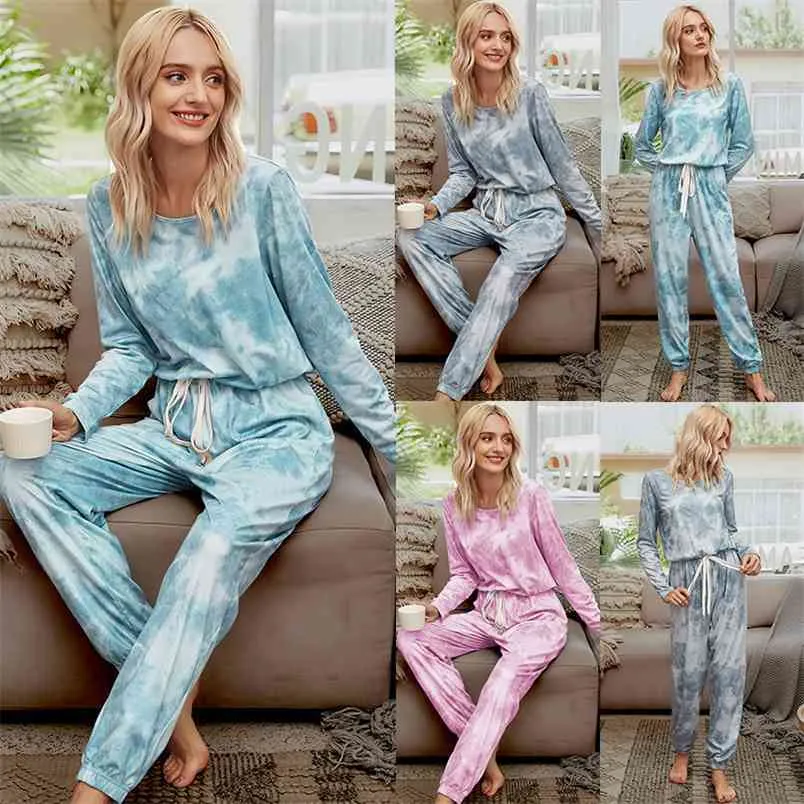 Printed Tie Dye Pajama Jumpsuit Women Autumn Winter Long Sleeve Take Off Pants Fashion, Loose And Comfortable Crew Neck 210522
