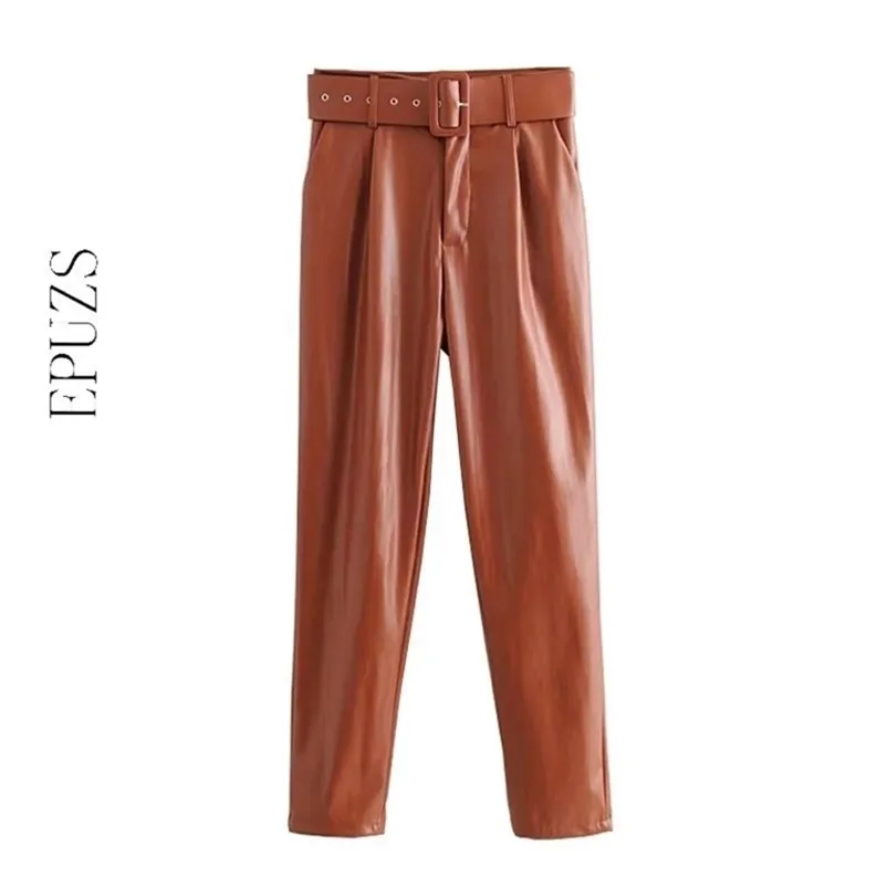 Vintage belt black PU pants women Joggers casual high waist Streetwear female Faux Leather Trousers 210521