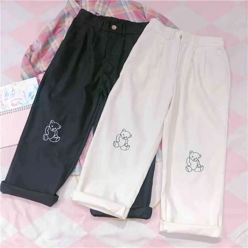 Japońskie Kawaii Kobiety Harajuku Koreańskie Dziewczyny Luźne Cienki Niedźwiedź Haft Spodnie Wild Casual Kobiet Cute Small Fresh Pant 210925
