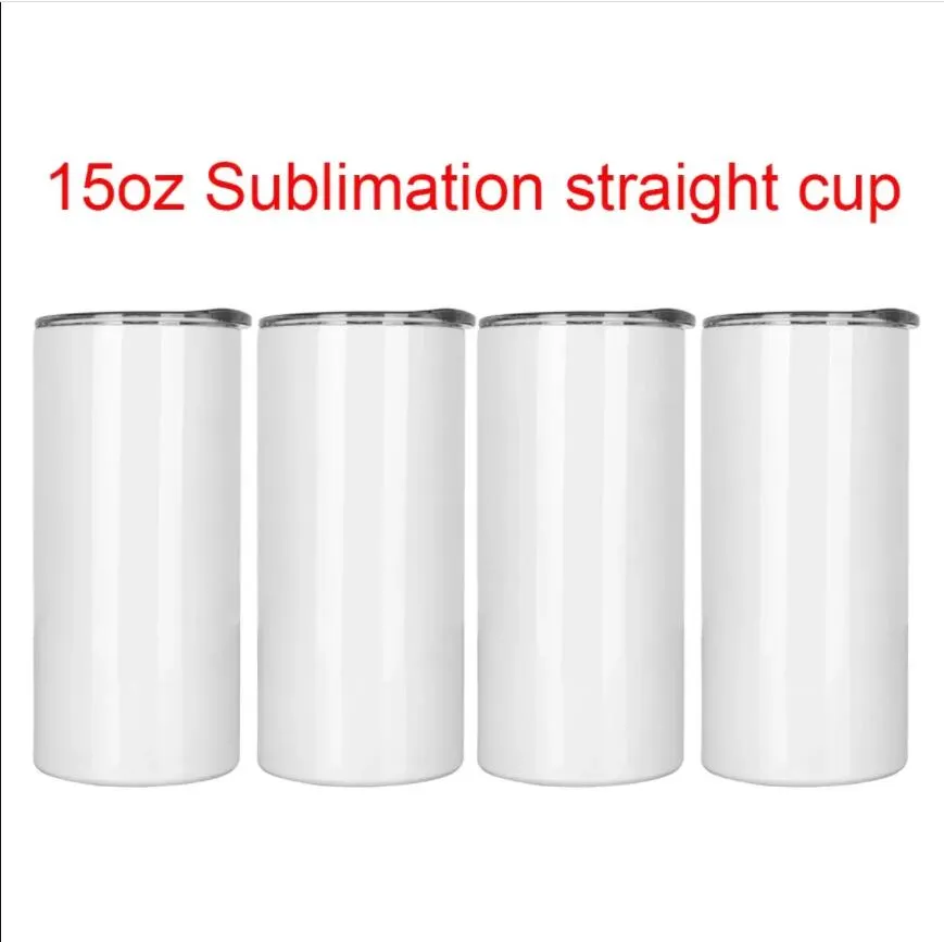 Creative 15oz Sublimation Straight Mugs Tumblers With Lid Straw Blank DIY Stainless Steel Double Water Bottles Heat Transfer FY4468