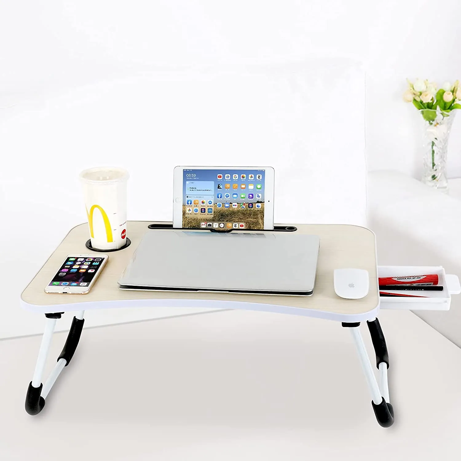 avec USB Ventilateur] Table Ordinateur Portable Pliable Bois Support d'Ordinateur  Portable réglable Table de lit Ajustable avec tiroir Plateau de Lecture  pour …