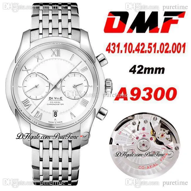 OMF Cal.9300 A9300 Automatic Chronograph Mens Watch 42mm White Dial 431.10.42.51.02.001 (Black Balance Wheel) Super Edition Watches Stainless Steel Bracelet Puretime M21