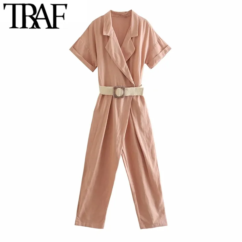 Women Chic Fashion With Belt Linen Jumpsuit Vintage Short Sleeve Side Pockets Female Playsuits Mujer 210507