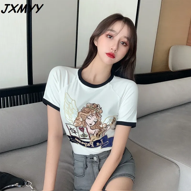 Senso de design de moda de celebridade líquido de verão em meias curtas fino bordado bordado t-shirt de mangas curtas para as mulheres JXMYY 210412