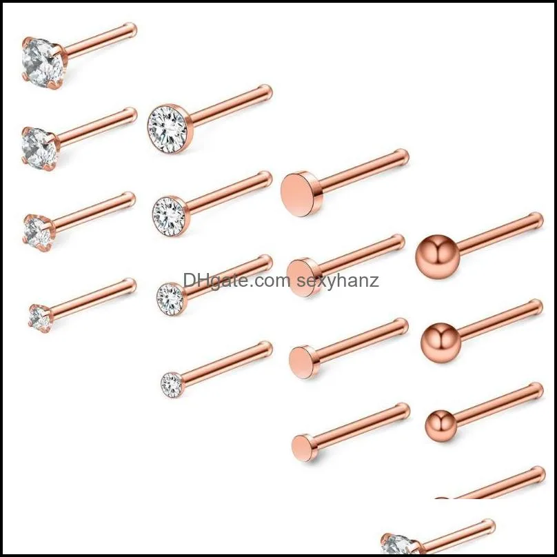 Other 20G 18G Steel 1.5mm-3mm Flat Ball Clear CZ Nose Stud Rings Bone Pin Piercing Jewelry 16-34PCS