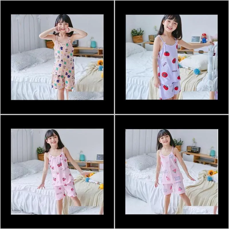 New Kids Pajamas Sleeveless printing with Bow Sling Top Shorts Homewear For Girls Summer Sleepwear Children Girl 5-14Years