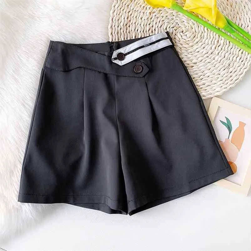 Zomer mode pak shorts vrouwen casual koreaanse stijl witte zwarte wijde been hoge taille vrouwelijke korte broek 210421