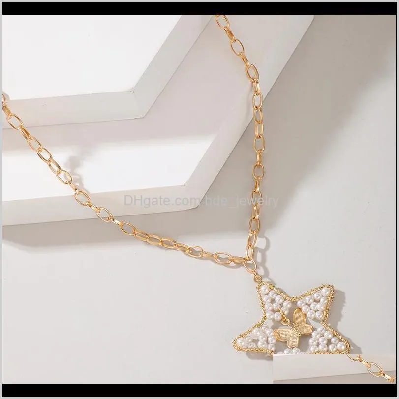 gothic pearl star pendant necklace for women gold geometric butterfly alloy necklaces ladies party jewelry gifts 15923