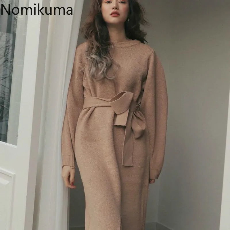 Nomikuma coreano elegante vestidos de malha outono inverno bow bandagem magro cintura mulheres vestido de camisola manga comprida vestidos 6c732 210427