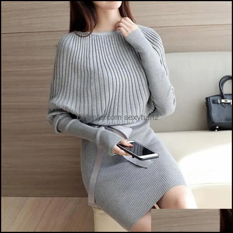 Casual Dresses Fashion Autumn Winter Dress Women Knitwear Sashes Belted Mini Bodycon Elegant Knitted Long Sleeve Knitting