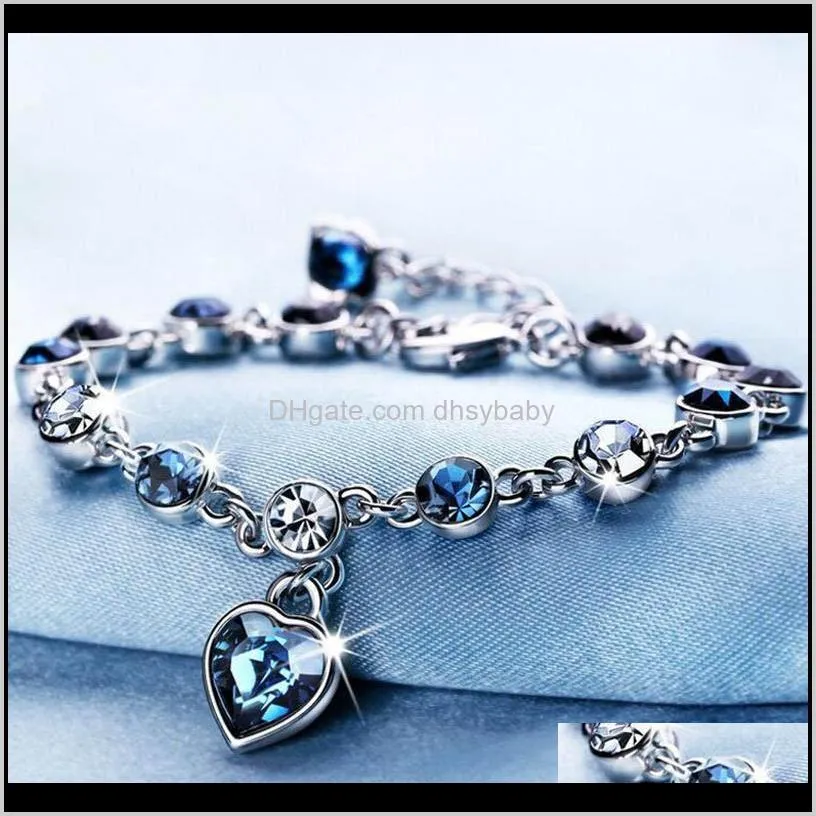 Drop Delivery 2021 Luxury Austrian Crystal Bracelets Full Blue Diamond Heart Of The Sea Love Rhinestone Fashion Sier Plated Charm Jewelry Gif