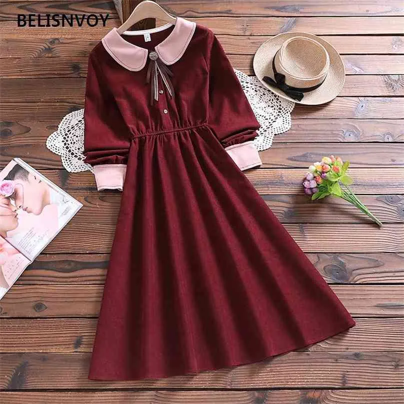 Mori Girl Cute Sweet Dress Japan Style Autumn Winter Fashion Arrival Bow Long Sleeve Lady Vintage Elegant Solid Vestido Mujer 210520