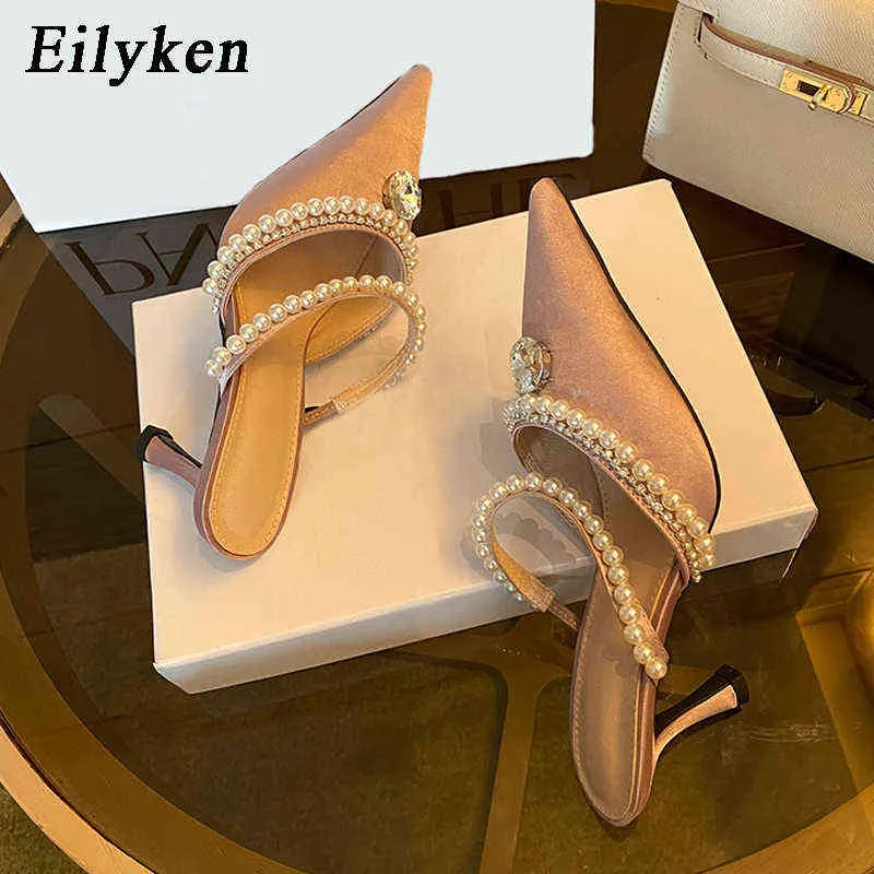 Slippers Eilyken New Spring String Bead Crystal Ladies Pointed Toe Low Heel Mule Slides Female Sandals Femme Shoes220308