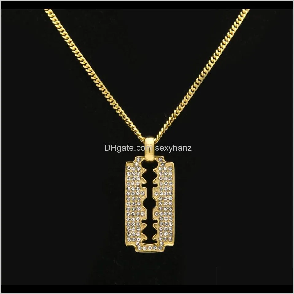 men women razor blade necklace & pendant charm bling rhinestone gold plated stainless steel metal necklace trendy jewelry