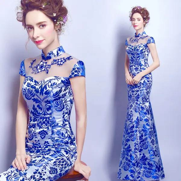 Elegante azul e branco porcelana sereia na noiva cheongsam longa tradicional qipao chinês vestido de noite oriental vestidos de festa de bordado