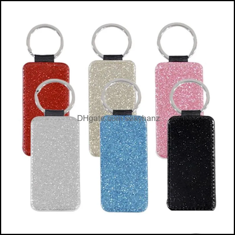 Keychains Fashion Aessories 6 Colors Heat Transfer Leather Keychain Shine Sublimation Blank Pendant Lage Decoration Key Ring Diy Gift Gwa612