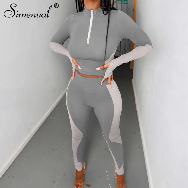 Simenual Sportlich Lässige Top Und Hosen Lounge-Sets Active Wear Fitness Patchwork Langarm Frauen Zipper Zwei Stück Outfits Dünne y0625