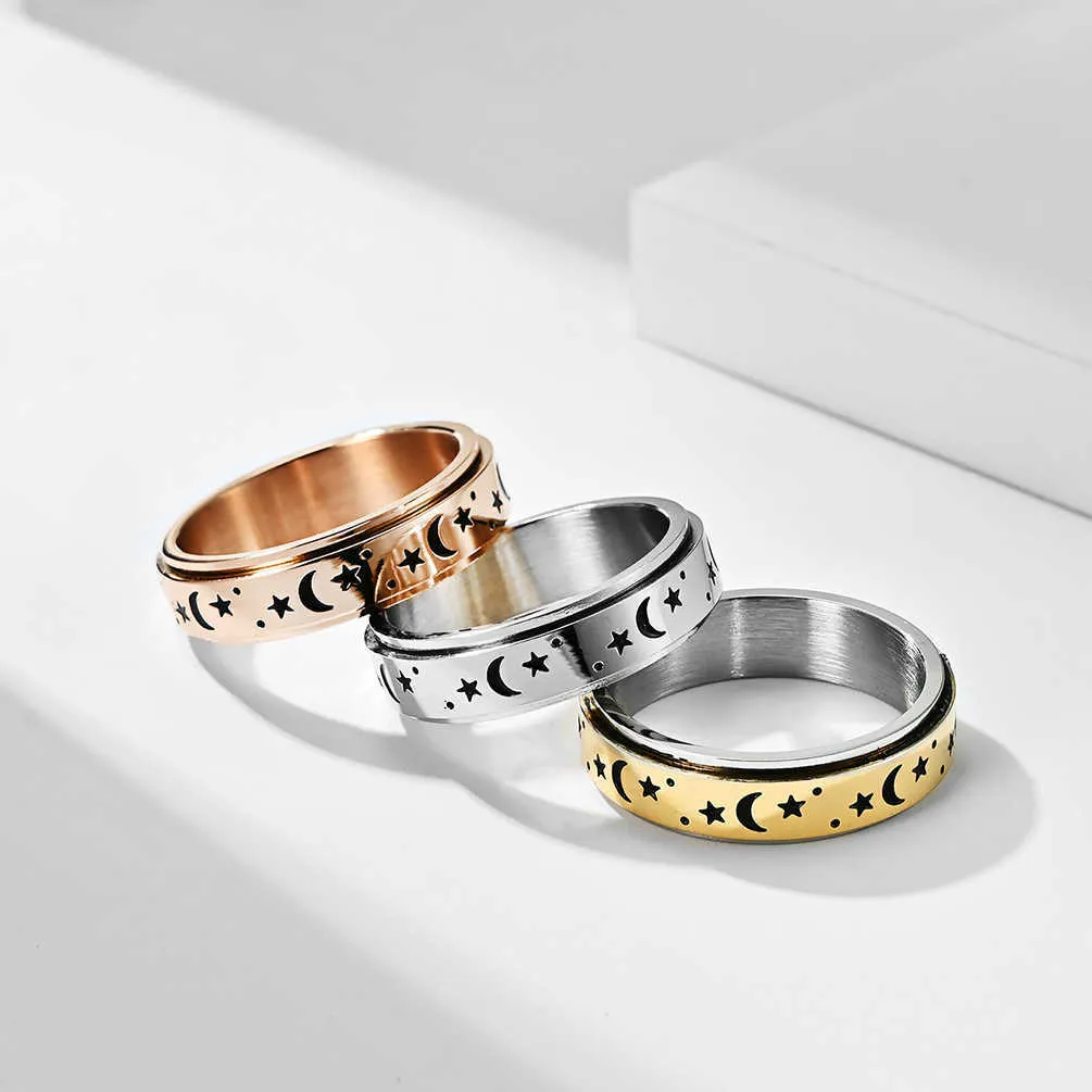 Anello per coppie con catena rotante in acciaio inossidabile di moda, anello con fascia esterna sabbiata, anello meraviglioso, regalo per donne X0715
