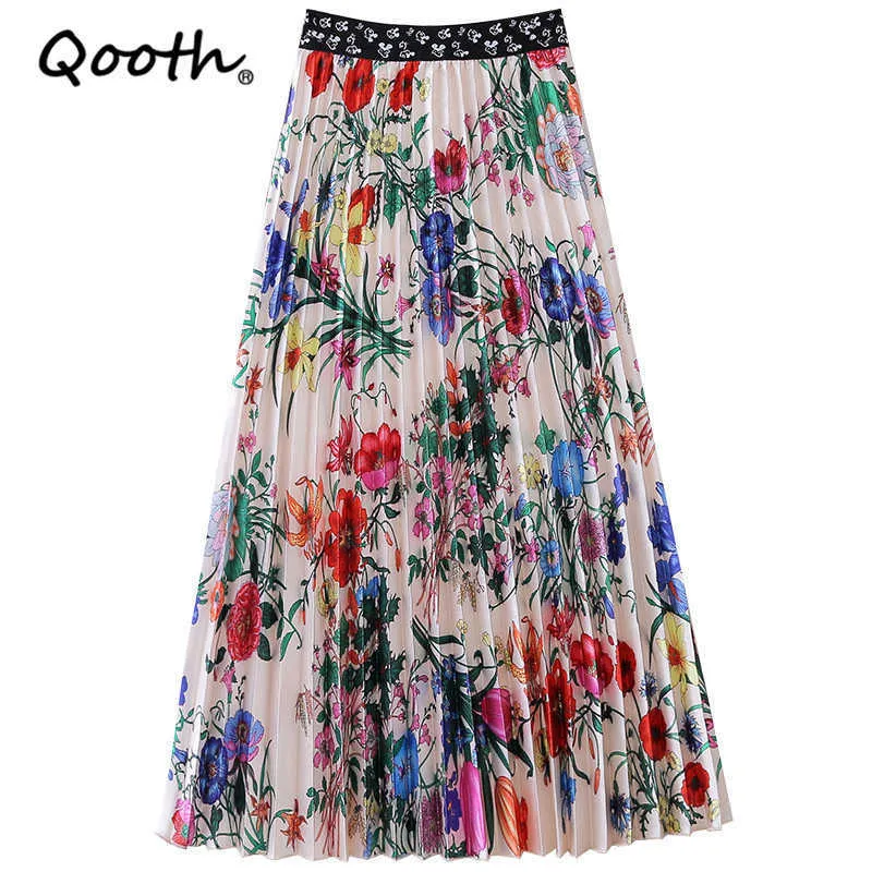 Qooth Satin Printed Floral Large Swing Elastic Waist Skirt Mid-length High-waist Stretch Pleated Fashion Sweet QT727 210609