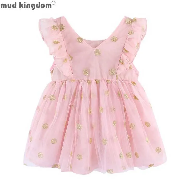 Mudkingdom verão plissado bebê menina vestido brilhar tule com dot dourado crianças roupas joelho comprimento princesa vestidos meninas roupas 210615