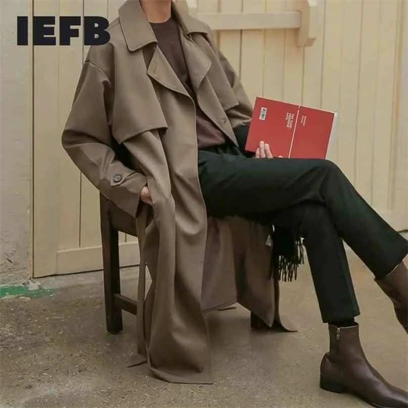 IEFB秋韓国のファッションダブルブレストウインドブレーカーメンズミドルロングルーズハンサムトレンチコートベルト9Y5262 210819