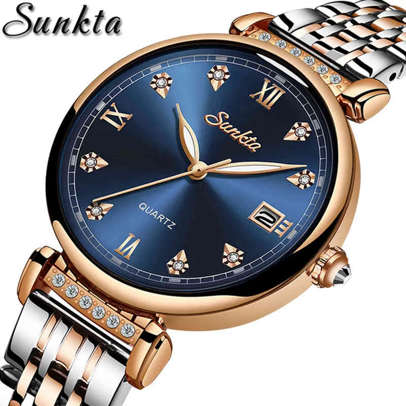 Relogio Feminino SUNKTA Women Watches Waterproof Blue Stainless Steel Brand Luxury Fashion Ladies Quartz Watch Montre Femme 210517