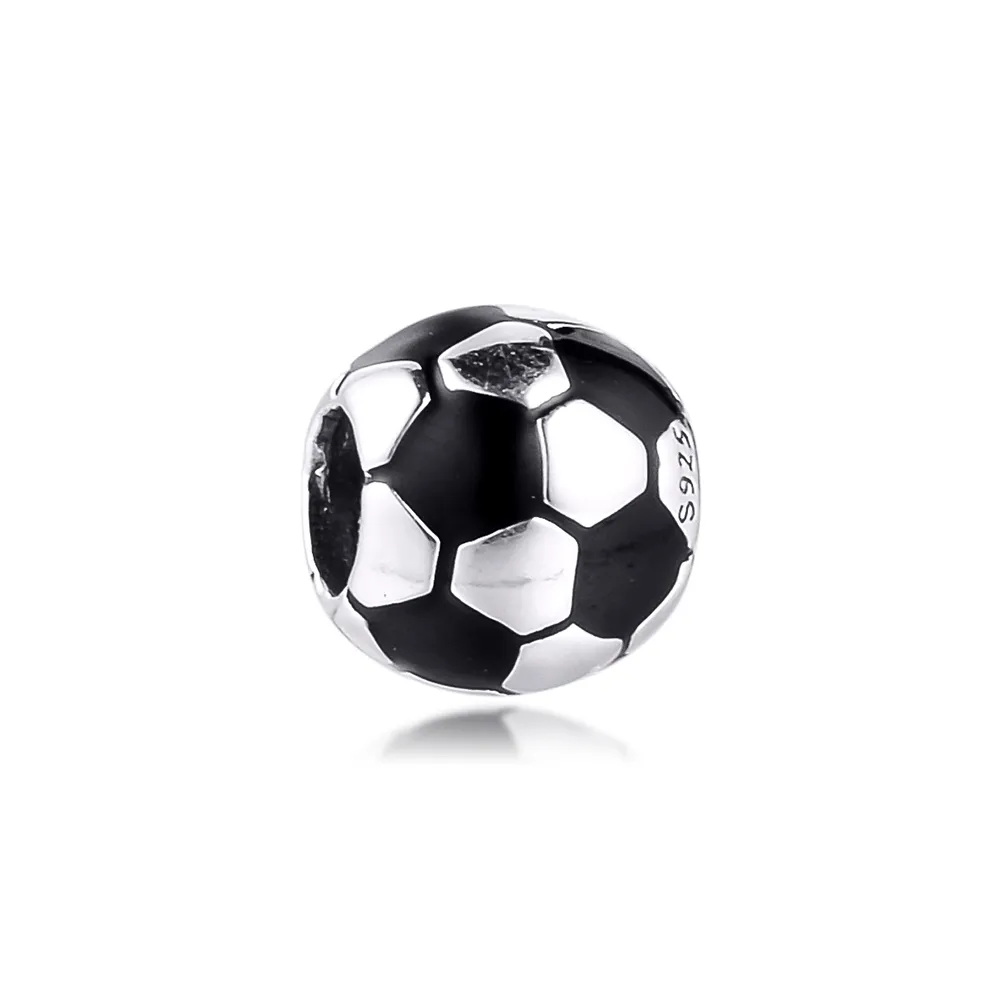 Ciondoli per pallone da calcio smaltato nero intero in argento sterling 925 adatto per bracciali Pandora originali Perline in metallo Creazione di gioielli fai-da-te