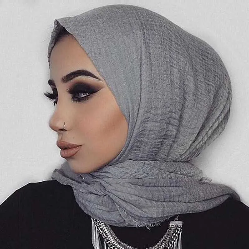 Femmes musulman froissé Hijab écharpe doux coton foulard islamique Hijab couleur unie châles enveloppes anti-poussière Protection écharpe Y1020