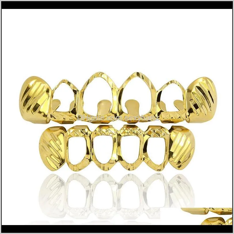 new gold silver hollow open dlampnd cut 6 tooth top & bottom grills teeth caps tooth hip hop grillz set party jewelry