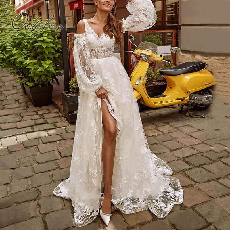 Summer Women Maxi Party Sleeve Off Shoulder See Through White Lace Sexy Backless Slit Long Dress 210415