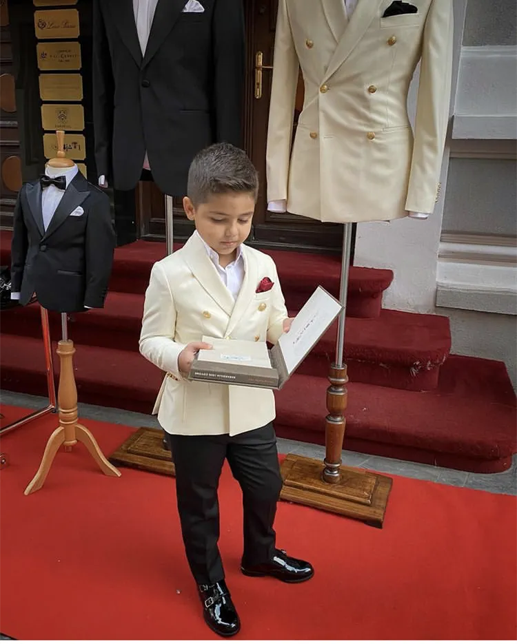 Aanpassen Ivoor Jasje Zwarte Broek Bloem Meisjes Jurken Sjaalkraag Jongens Kledij Kostuum Homme Boy Suits Formele Kid Tuxedos