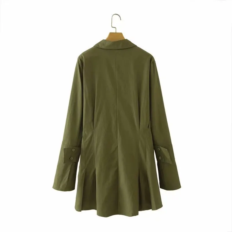 DouBCQ Women's Long Sleeve Pleated Dress With Pockets | Loose Swing Midi Dress, Army Green - View #9