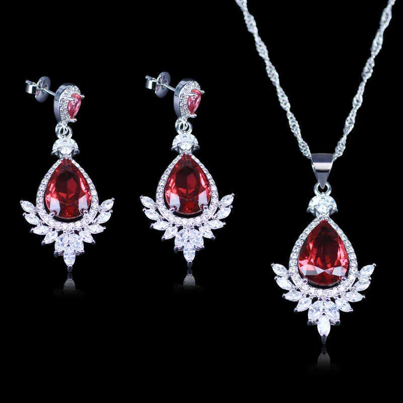 Best Wedding Jewelry For Women/Lady Rose Red Created Garnet White Zircon Silver Color Jewelry earrings necklace Sets H1022