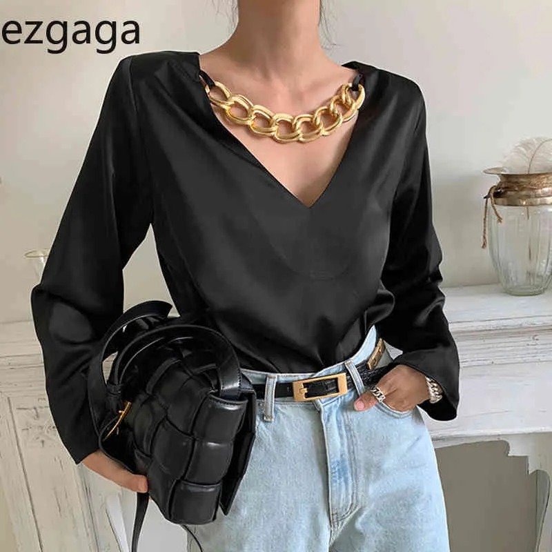 Ezgaga Elegancka bluzka Kobiety Koreański Chic Deep V-Neck Łańcuch Solidna Z Długim Rękawem Hollow Out Office Lady Shirts Moda Blusas 210430