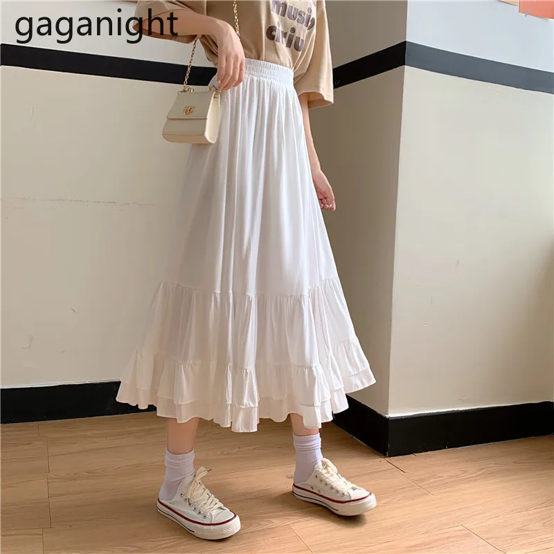 Gaganight Schwarz Weiß Mode Koreanische Rüschen Midi A-linie Rock Frauen Casual Frühling Sommer Hohe Taille Allgleiches Lange Röcke Femme 210519