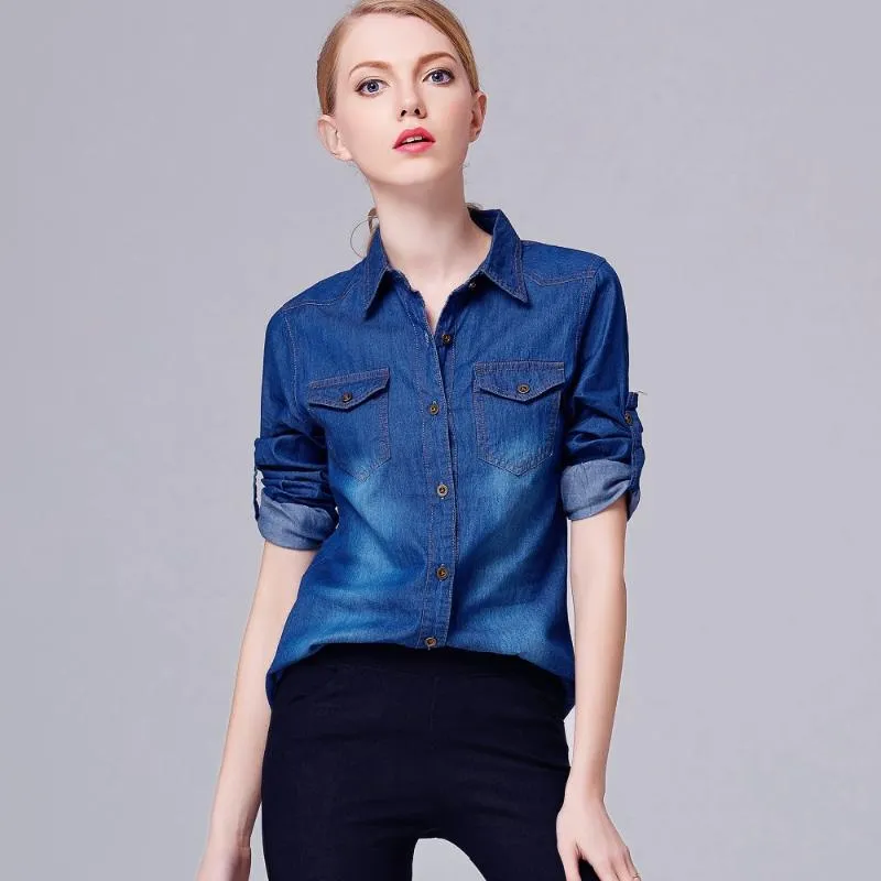 Women voor blouses shirts plus size est vrouwen casual kleding blouse lange mouwen denim shirt vintage spijkerbroek blauwe spijkerbroek kraag voor vrouw